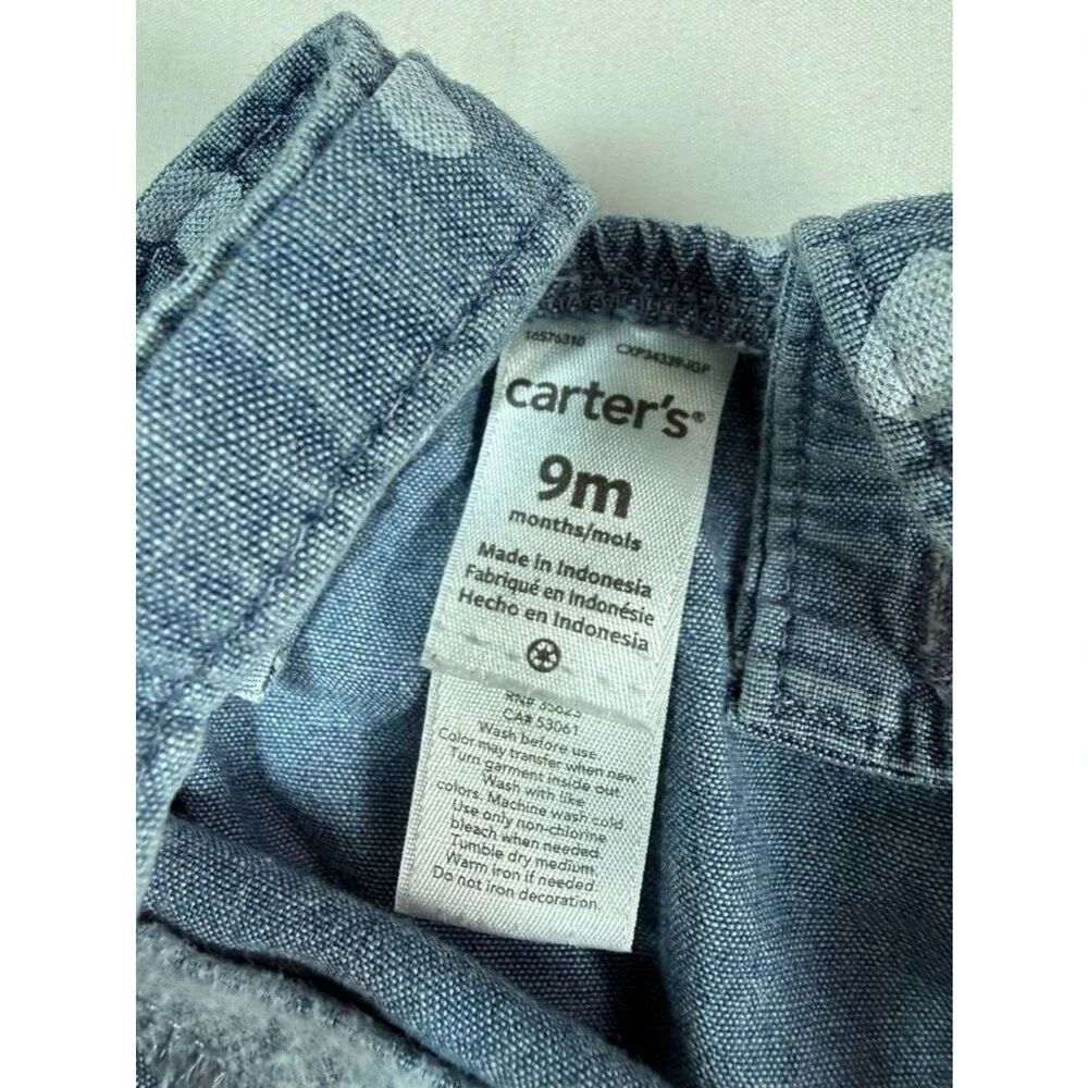 CARTERS Baby Girl Chambray Romper 9M Blue Heart Print Sweet‎ Cottagecore Summer